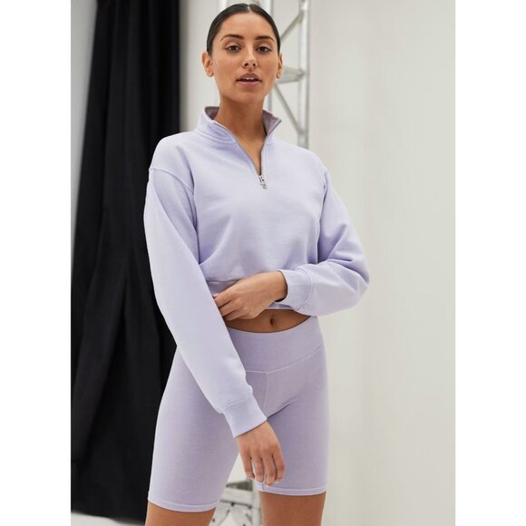 Aritzia TNA Cozy Fleece Beige Cotton 1/4 Zip Perfect Cropped Sweatshirt, Size S - Picture 12 of 16